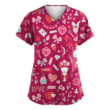 Valentines V Neck T Shirts for Women Heart Print Short Sleeve Ladies Tops with 2 Pockets