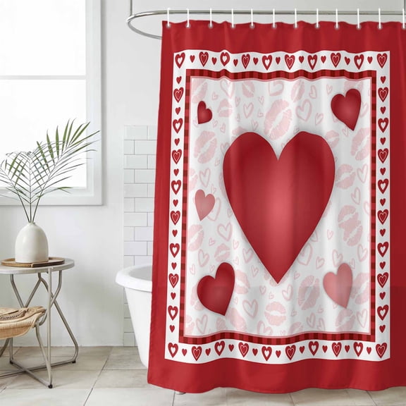 Valentines Waterproof Fabric Shower Curtain, Romantic Red Lips Love Heart Waterproof Fabric Shower Curtain for Bathroom Curtains Bathtubs Hotel Washable Shower Curtains with 12 Hooks Small 36x78in