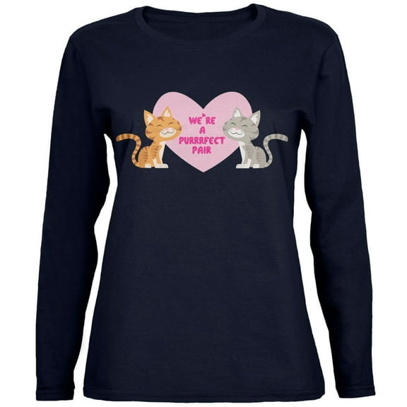 Valentines We're a Purrrfect Pair Navy Womens Long Sleeve T-Shirt - 2X-Large