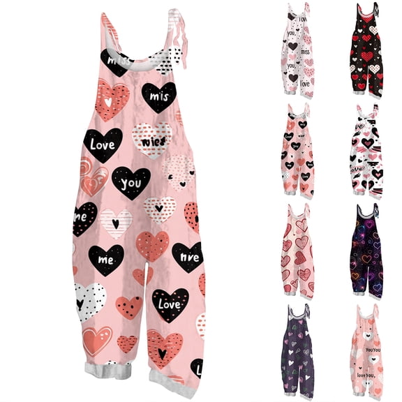 Valentines Wide Leg Jumpsuits Heart Print Oversized Rompers for Women Sleeveless Adjustable Straps with Pockets Pink L