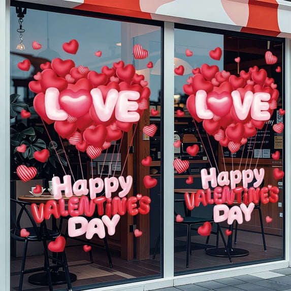 Valentines Window Cling Valentine's Day Decoration 3D Red Love Heart Balloons Window Stickers for Glass Valentines Window Decals Double-Sided Stickers (2 Sheets_B)