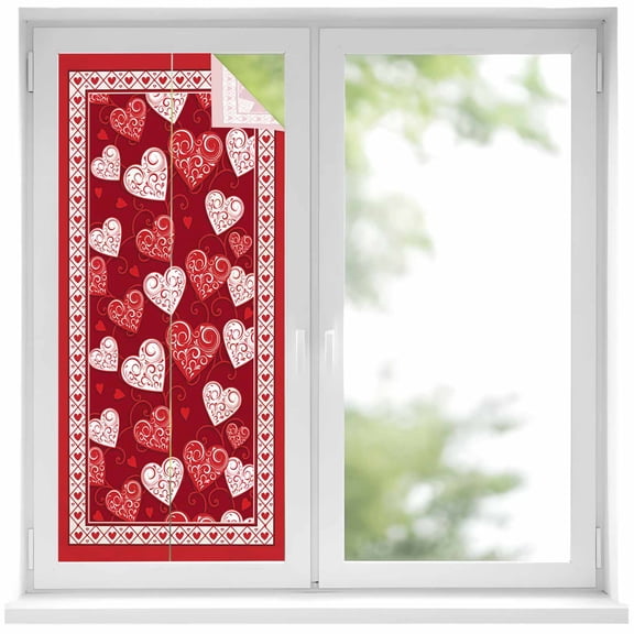 Valentines Window Privacy Film, Red Love Heart Romantic Static Cling UV Sun Blocking Heat Control Window Tint Day and Night, Non-Adhesive Reusable One Way Windows Privacy Cover 17.7''x39.3''