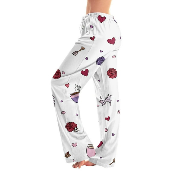 Valentines Women's Pants Comfy Wide Leg Pajama Pants Casual Stretch Drawstring Pj Bottoms Elastic Waist Lounge Pant L