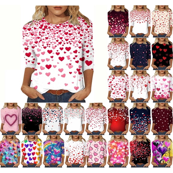 Valentines Womens 3/4 Sleeve Shirts Heart Graphic Crew Neck Tops Casual Cute Pattern Comfy Tee Festival Funny Soft Fashion Stylish T Shirt Gift for Women