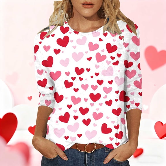 Valentines Womens 3/4 Sleeve Shirts Heart Graphic Crew Neck Tops Casual Cute Pattern Comfy Tee Festival Funny Soft Fashion Stylish T Shirt Gift for Women