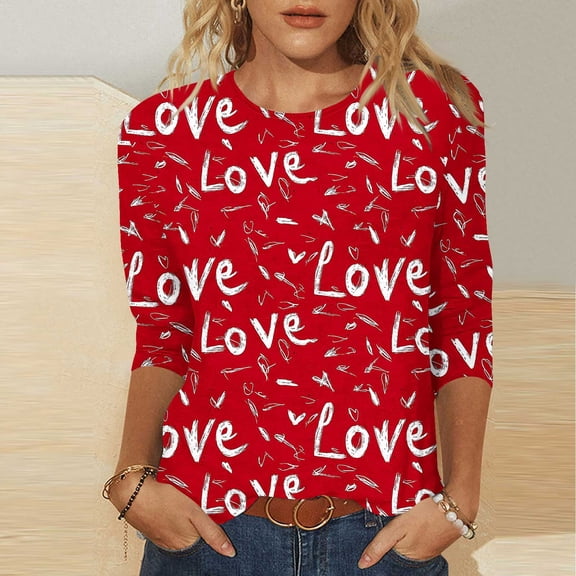 Valentines Womens 3/4 Sleeve Shirts Heart Graphic Crew Neck Tops Casual Cute Pattern Comfy Tee Festival Funny Soft Fashion Stylish T Shirt Gift for Women