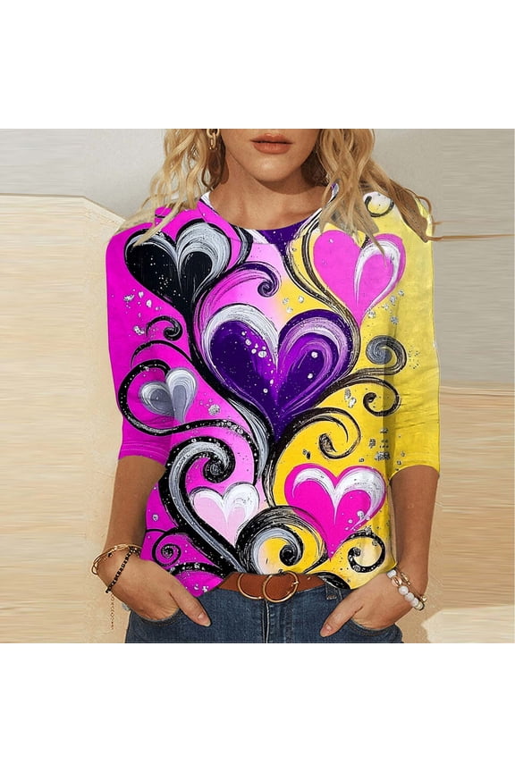 Valentines Womens 3/4 Sleeve Shirts Heart Graphic Crew Neck Tops Casual Cute Pattern Comfy Tee Festival Funny Soft Fashion Stylish T Shirt Gift for Women