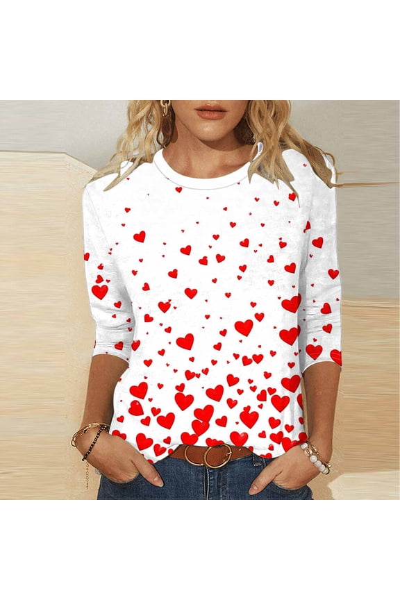 Valentines Womens 3/4 Sleeve Shirts Heart Graphic Crew Neck Tops Casual Cute Pattern Comfy Tee Festival Funny Soft Fashion Stylish T Shirt Gift for Women
