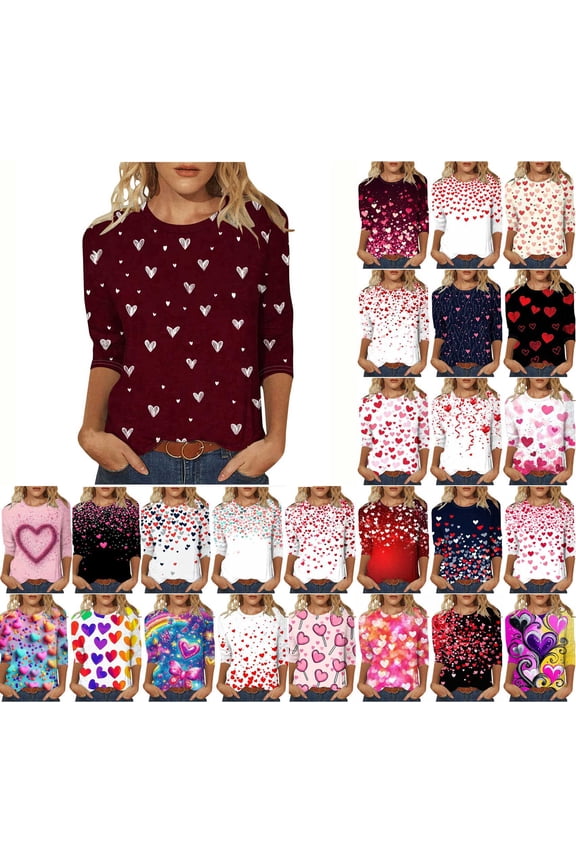 Valentines Womens 3/4 Sleeve Shirts Heart Graphic Crew Neck Tops Casual Cute Pattern Comfy Tee Festival Funny Soft Fashion Stylish T Shirt Gift for Women