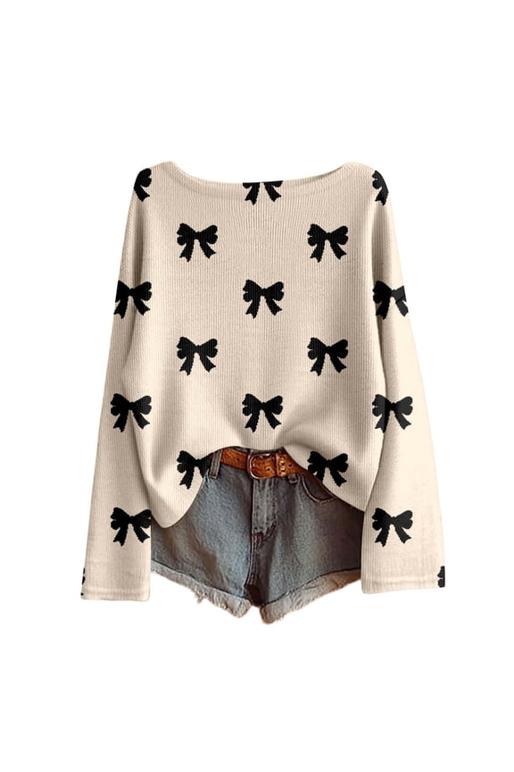 Valentines Womens Casual Knit Pullover Bow Print Crewneck Long Sleeve Top Lightweight Loose Fit Sweater for Fall Winter Comfort Beige S