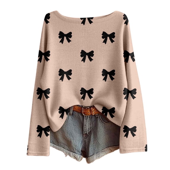 Valentines Womens Casual Knit Pullover Bow Print Crewneck Long Sleeve Top Lightweight Loose Fit Sweater for Fall Winter Comfort Khaki M