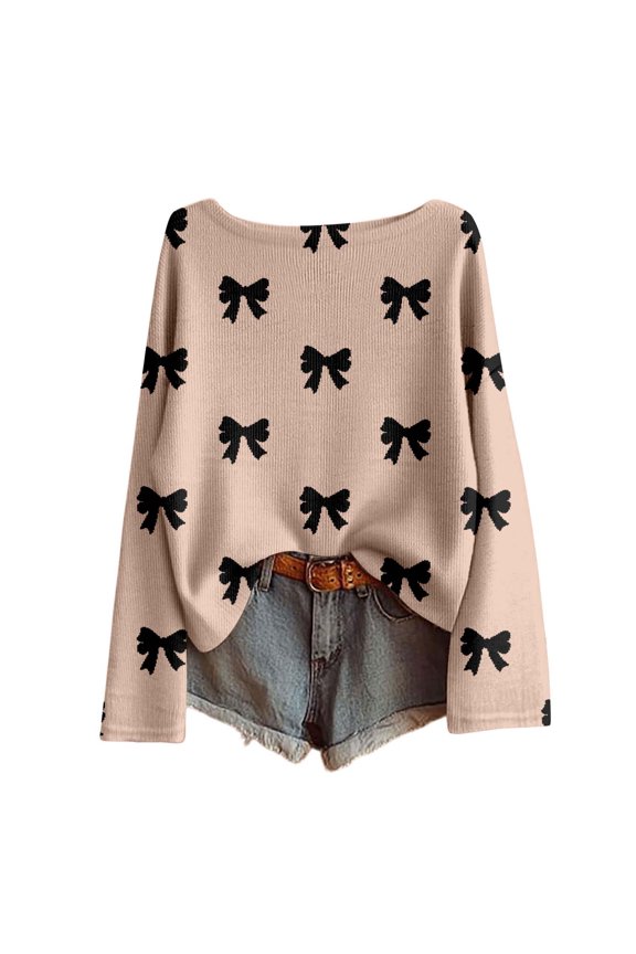 Valentines Womens Casual Knit Pullover Bow Print Crewneck Long Sleeve Top Lightweight Loose Fit Sweater for Fall Winter Comfort Khaki M
