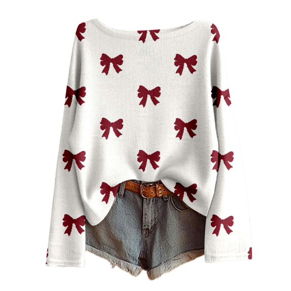 Valentines Womens Casual Knit Pullover Bow Print Crewneck Long Sleeve Top Lightweight Loose Fit Sweater for Fall Winter Comfort White XXL