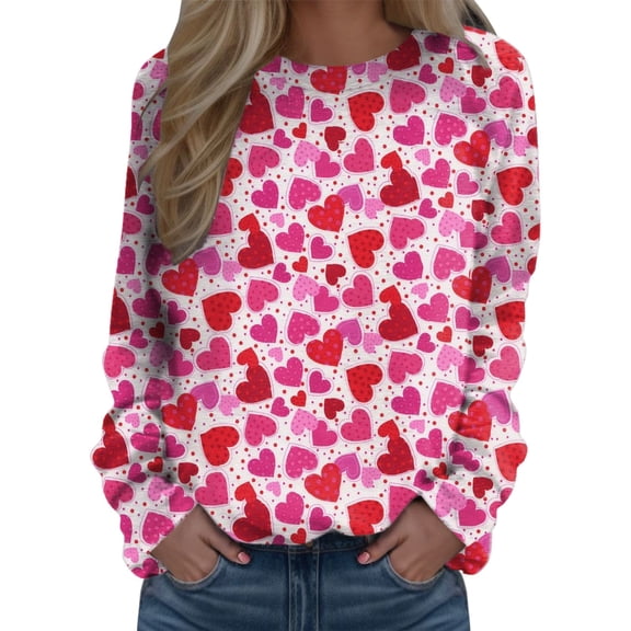 Valentines Womens Crewneck Sweatshirt Casual Love Heart Graphic Hoodless Sweatshirt Printed Long Sleeve Pullover Hoodie Valentine's Day Blouse Festival Clothing Women Sweatshirt