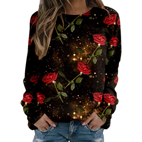 Valentines Womens Crewneck Sweatshirt Casual Love Heart Print Hoodless Sweatshirt Pullover Tops Long Sleeve Workout Shirts Relaxed Fit Valentine's Day Blouse Sweatshirts for Women