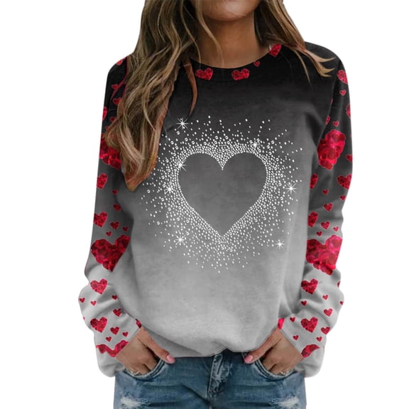 Valentines Womens Crewneck Sweatshirt Love Heart Graphic Print Hoodless Sweatshirt Casual Long Sleeve Valentine Day Comfortable Tops Relaxed Fit Blouse Women Sweatshirts