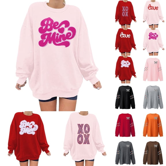 Valentines Womens Crewneck Sweatshirt Oversized Embroidered Sweatshirts Long Sleeve Shirt Relaxed Fit Pullover Tops Casual Fall Sweatshirts for Women