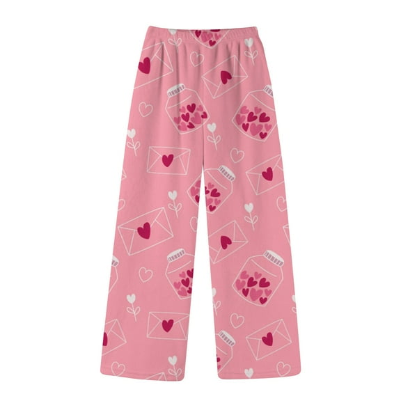 Valentines Womens Flannel Pajama Pants Fluffy Plush Heart Print Pj Pants Cute Elastic Waist Warm Fuzzy Pajama Bottoms