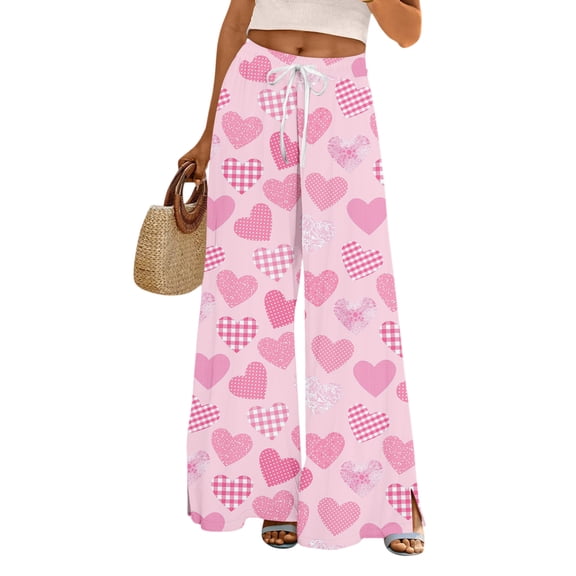 Valentines Womens Pajamas Letter Printed Loose Pajama Pants Lovely Heart Drawstring Happy Pjs Wide Straight Leg Graphtic Pink Red Spring Love You Patterned Trousers Pink XL