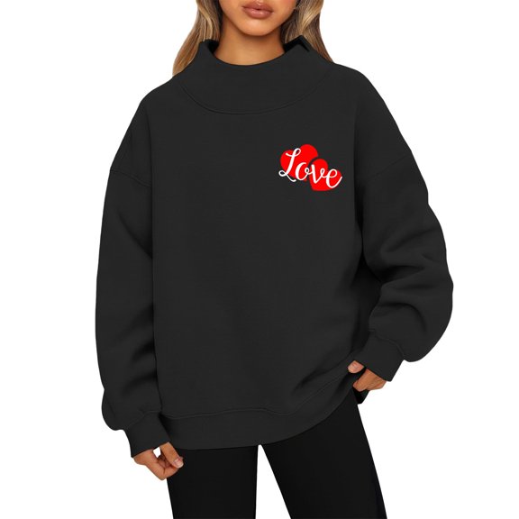 Valentines Womens Pullover Tops Long Sleeve Letter Printed Sweatshirts Lovely Heart Crew Neck Trendy Shirts Graphtic Pink Red Casual Love You Patterned Hoodies Black 2XL