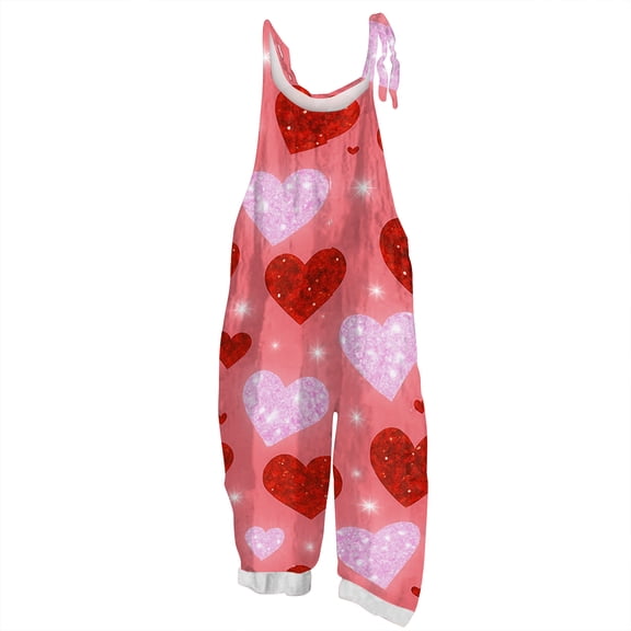 Valentines Womens Romper Crew Neck Lovely Heart Wide Leg Jumpsuit Graphtic Pink Red Sleeveless Loose Cure Pants Love You Patterned Romantic Letter Printed Buttoms Watermelon Red L