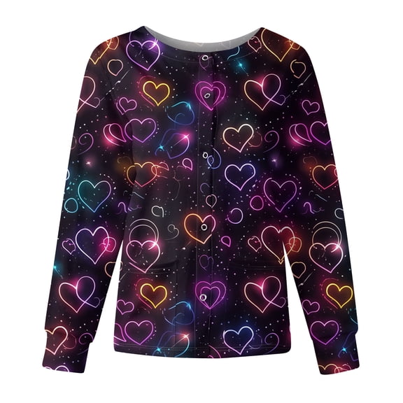 Valentines Womens Scrubs Jacket Long Sleeve Graphtic Pink Red Button Down Scrub Clothes Letter Printed Crew Neck Spring Workwear Love You Patterned Romantic Lovely Heart Nurse Uniform Dark Purple XL
