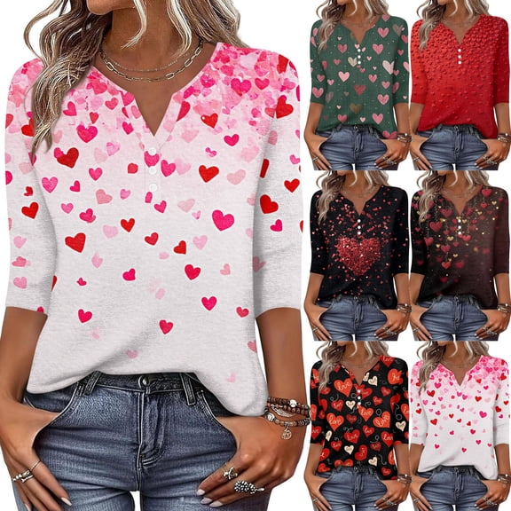 Valentines Womens Shirts 3/4 Sleeve Plus Size Lovely Heart Tops Letter Printed Henley V Neck Gift Blouses Button Down Graphtic Pink Red Funny Love You Patterned Tees White L
