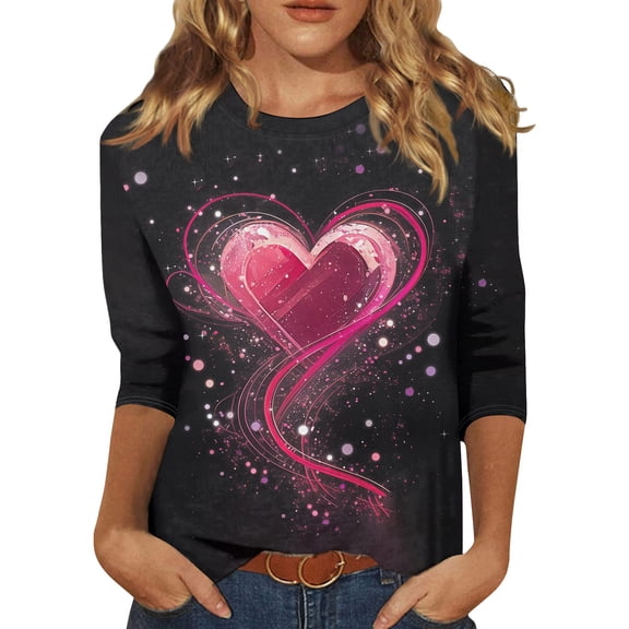 Valentines Womens Shirts Crew Neck Lovely Heart Tops Graphtic Pink Red 3/4 Sleeve Plus Size Spring Blouses Letter Printed Ladies Love You Patterned T-shirts Watermelon Red 5XL