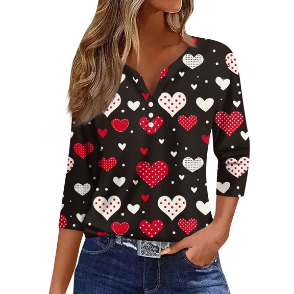Valentines Womens Shirts Henley V Neck Lovely Heart Button Down Tops Love You Patterned 3/4 Sleeve Plus Size Ladies T-shirts Letter Printed Happy Graphtic Pink Red Blouses Red M
