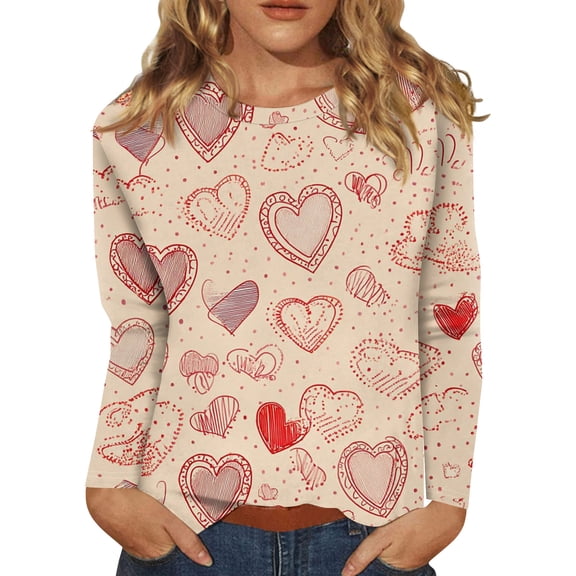 Valentines Womens Shirts Long Sleeve Plus Size Love You Patterned Tops Lovely Heart Crew Neck Funny T-shirts Graphtic Pink Red Cure Letter Printed Blouses Khaki S