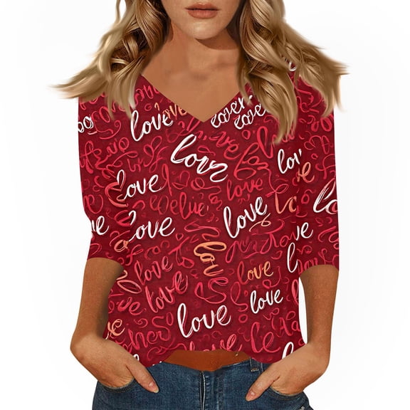 Valentines Womens Shirts V Neck Graphtic Pink Red Tops Love You Patterned 3/4 Sleeve Plus Size Happy Blouses Letter Printed Gift Lovely Heart Tees Red M