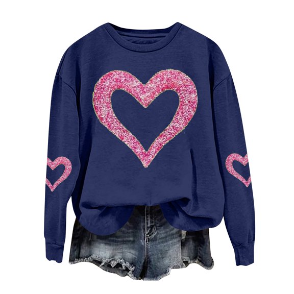 Valentines Womens Sweatshirts Crew Neck Lovely Heart Pullover Tops Love You Patterned Long Sleeve Funny Hoodies Graphtic Pink Red Cure Letter Printed Shirts Dark Blue S