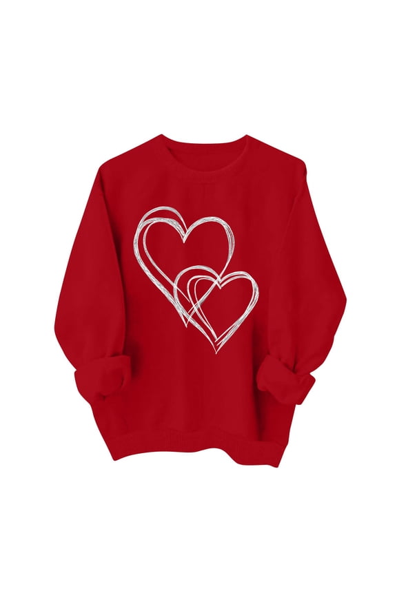 Valentines Womens Sweatshirts Long Sleeve Love You Patterned Pullover Tops Lovely Heart Crew Neck Funny Hoodies Letter Printed Ladies Graphtic Pink Red Sweaters Wine L