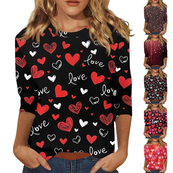 Valentines Womens Tops 3/4 Sleeve Plus Size Letter Printed Shirts Graphtic Pink Red Crew Neck Casual T-shirts Lovely Heart Anniversary Love You Patterned Tees Black L