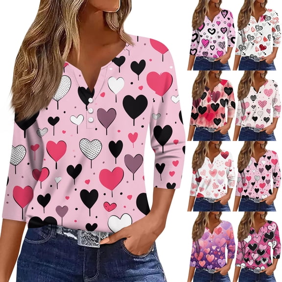 Valentines Womens Tops 3/4 Sleeve Plus Size Love You Patterned Shirts Graphtic Pink Red Henley V Neck Trendy Blouses Button Down Letter Printed Ladies Lovely Heart Tees Watermelon Red L