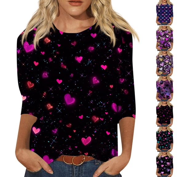 Valentines Womens Tops Crew Neck Graphtic Pink Red Shirts Letter Printed 3/4 Sleeve Plus Size Trendy T-shirts Love You Patterned Funny Lovely Heart Tees Black L