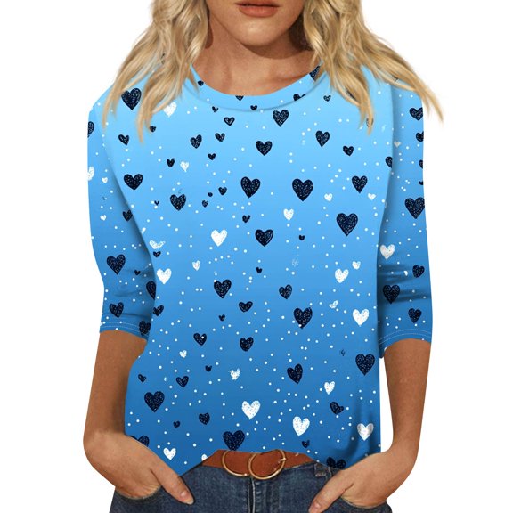 Valentines Womens Tops Crew Neck Graphtic Pink Red Shirts Love You Patterned 3/4 Sleeve Plus Size Anniversary Blouses Letter Printed Trendy Lovely Heart T-shirts Blue L