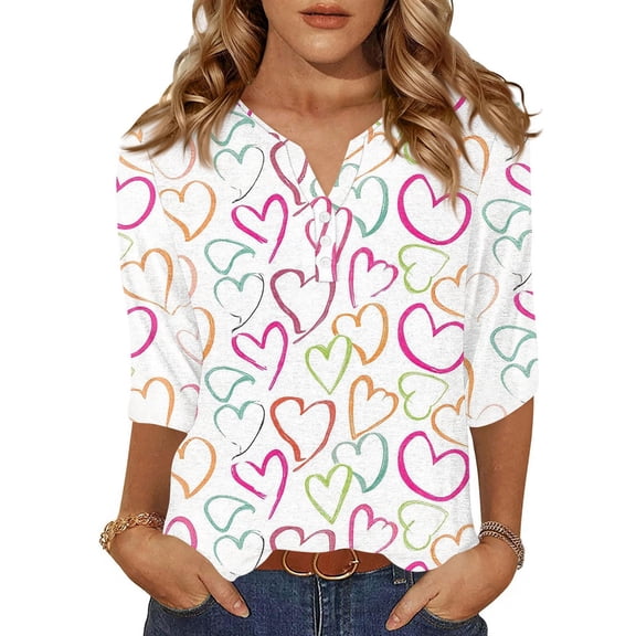 Valentines Womens Tops Henley V Neck Graphtic Pink Red Shirts Letter Printed 3/4 Sleeve Plus Size Spring Tees Button Down Lovely Heart Ladies Love You Patterned Blouses Hot Pink S