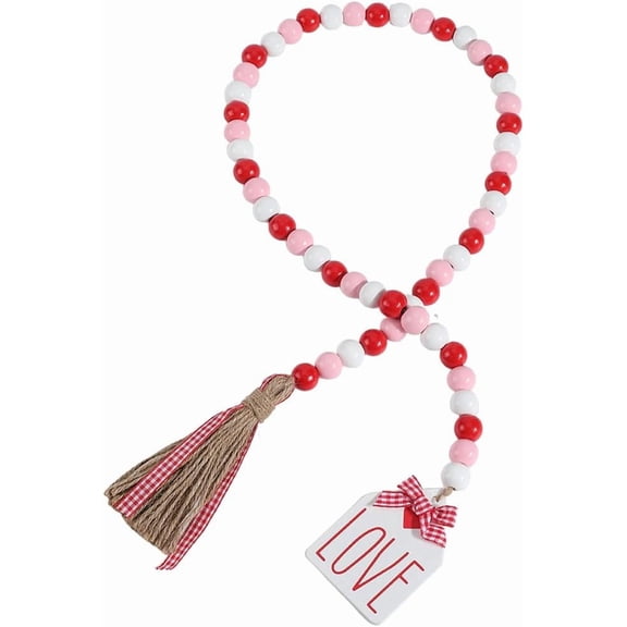 Valentines Wooden Bead Garland Wood Bead Garlands Pink Red Love Farmhouse Rustic Rope Tassels Beads Hanging Pendant Rustic Wall Ornament Strand Home Decor for Tiered Tray Wedding Anniversary