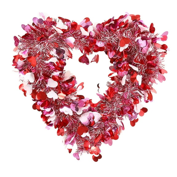 Valentines Wreath for Front Door Valentines Heart Shaped Tinsel Garland Hanging Heart Wreath Decor for Home Birthday Wedding Party Decoration