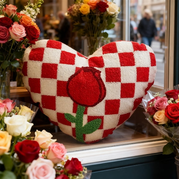 Valentines's Day Heart Pillows, Love Heart Shaped Pillow, Small Cute Red Pink Rose Check Heart Pillows for Gifts, Throw Pillows for Her, Kids, Girls Home Valentine's Day Decorations