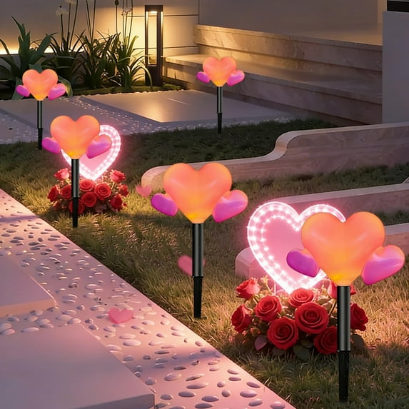 Valentines's Day Heart Shaped Solar Light Set - 5-Piece Romantic Outdoor Decor with Energy Efficient LED Illumination for Garden, Yard and Pathway Lighting