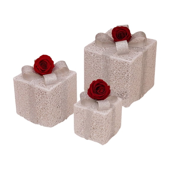 Valentines's Day Lighted Gift Box with Rose 3pcs Remote Control Pre-Lit Gifts Boxes wirh Rose for Wedding Anniversary Home Decor