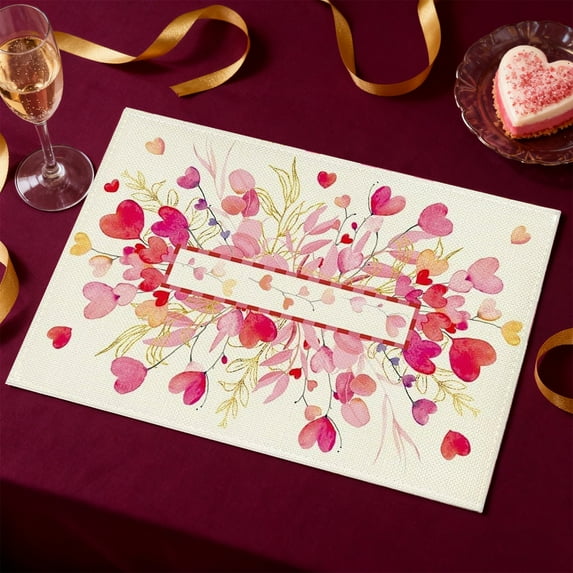 Valentines's Day Linen Solid Color Heart Love Placemats, 17.7" x 11.8" Anniversary Table Mats for Valentines's Day Party Kitchen Dining Decoration
