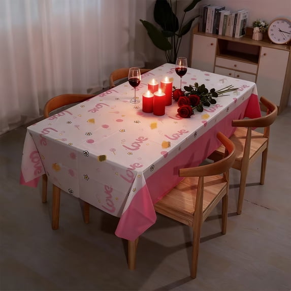 Valentines's Day Tablecloth 54x107 Inch - Valentines Day Red Heart Table Cover Rectangle Disposable Plastic Tablecloth for Anniversary Engagement Wedding, Birthday Decor, Pink-2