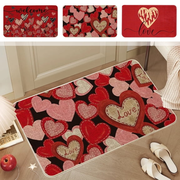 Valentines's Day Themed Bathroom Shower Mats,16x24" Hearts Shape Printed Front Door Rug For Indoor Outdoor,Non Slip Rubber Backing Seasonal Anniversary Wedding Entryway Kitchen Floor Decoration