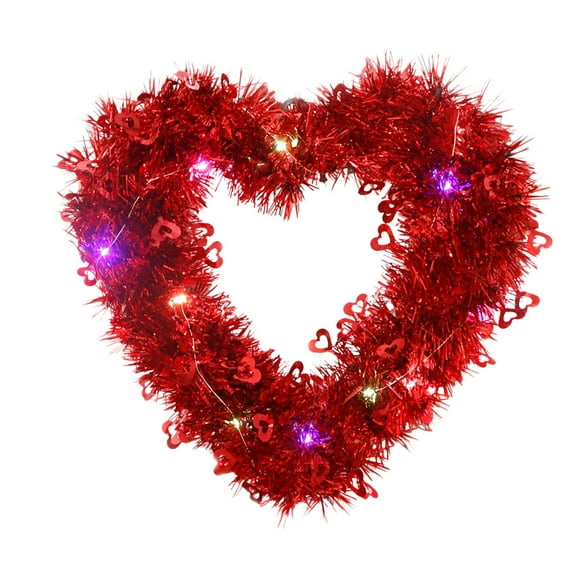 Valentiness Day Heart Tinsel Wreath with Colorful Lights Red Shiny Metallic Foil Garland for Wedding Engagement Party Home Decor