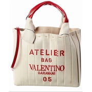 Valentino Atelier 05 Plisse Edition Medium Canvas & Leather Tote, Beige