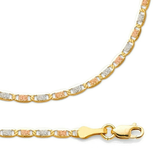 Valentino Chain Solid 14k Yellow White Rose Gold Necklace Diamond Cut Thin Tri Color, 2.1 mm - 16 inch
