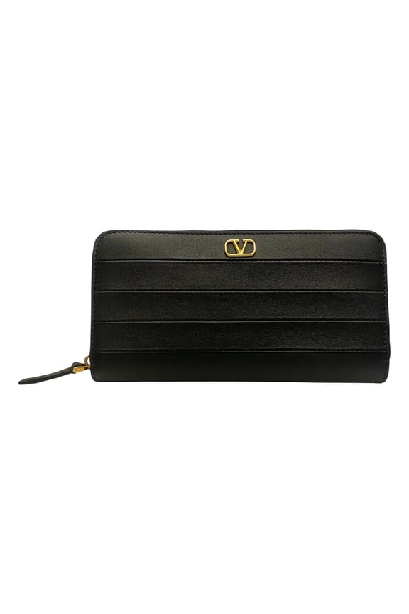 Garavani Diary Lines Black Grain Leather Zip-Around Long Wallet